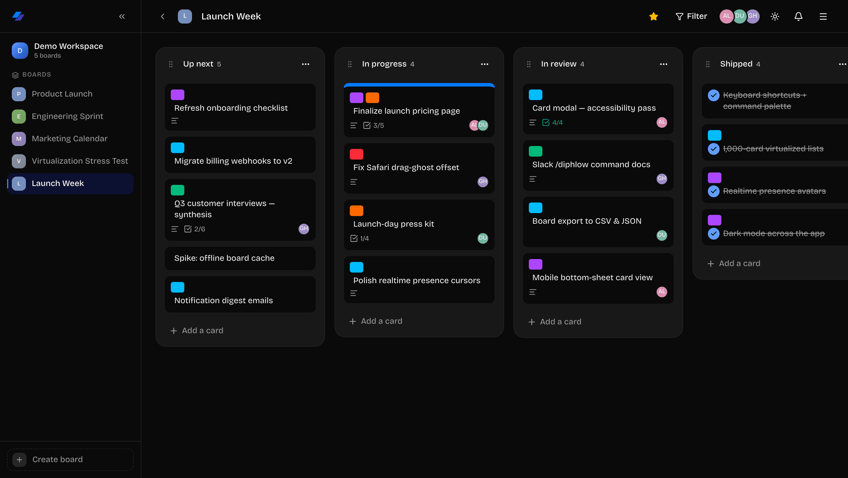 The same Launch Week board in Diphlow's dark theme