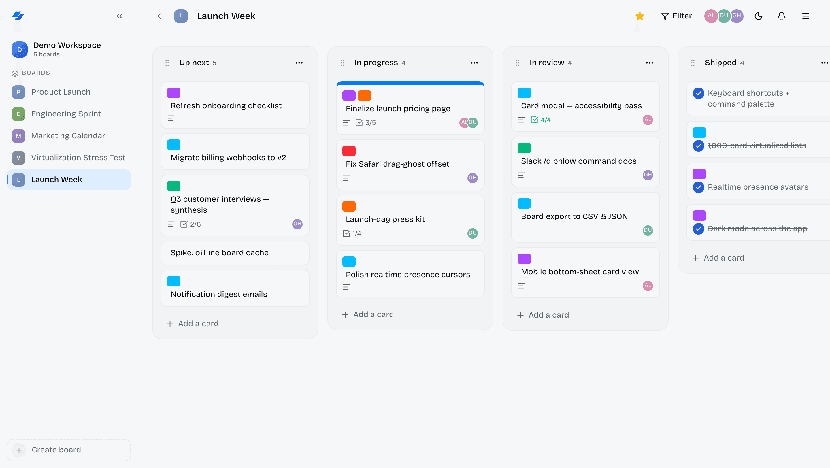 A Diphlow board named Launch Week with a workspace sidebar and four lists — Up next, In progress, In review, and Shipped — holding labeled cards with checklists, covers, and member avatars